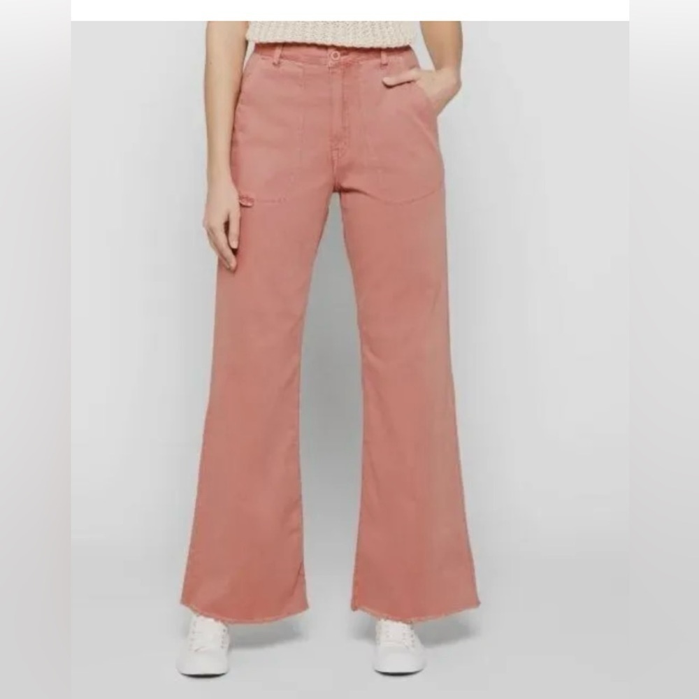 NWT PISTOLA SASHA HIGH RISE RELAXED FLARE LEG RAW HEM PANTS IN CLAY SIZE 32